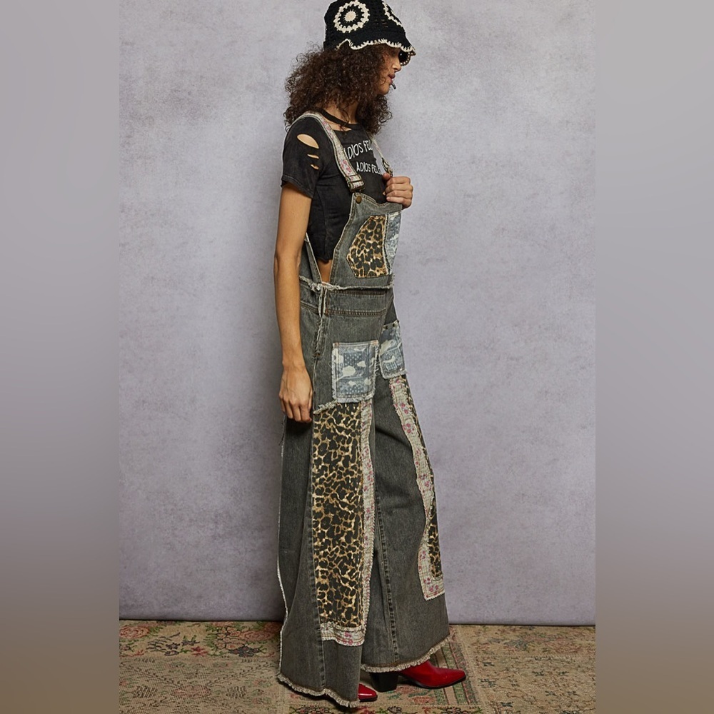 POL Patchwork Leopard Print Floral Camo Patch Boho Overalls - Picture 13 of 16